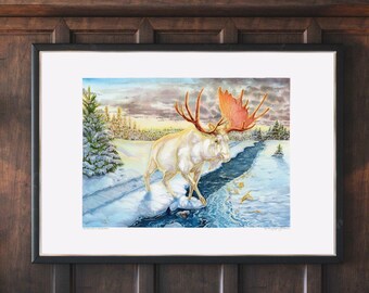 Moose Art Print - Extra Large Wall Art of Winter Landscape / Whimsical Wall Art of White Moose with Antlers / Snow Painting