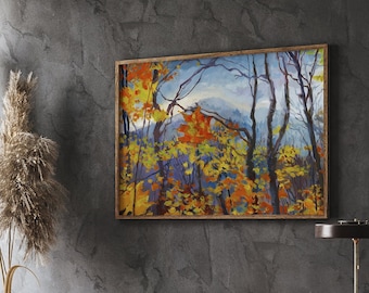 Autumn Art Print - Moody Landscape Wall Art of Foggy Mountain with Red Maple Trees, Quebec National Park