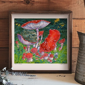 Mushroom Art Print Amanita Muscaria Toadstools / Dark Cottagecore Wall Art/ Goblincore Frog Painting in Watercolor image 5