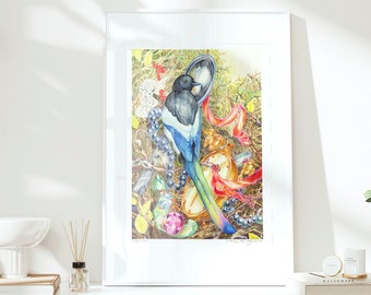 Magpie Art Print - Extra Large Wall Art of Colorful Corvid Nest, Whimsical Bird Watching Gift, Ornithology Watercolor Painting