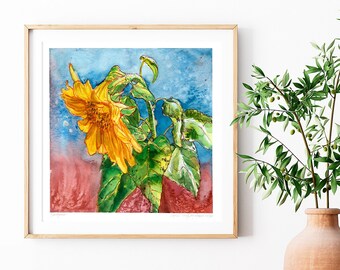 Autumn Sunflower Art Print  - Square Floral Wall Art / Sunflower Wall Decor / Botanical Print / Fall Foliage Watercolor Painting