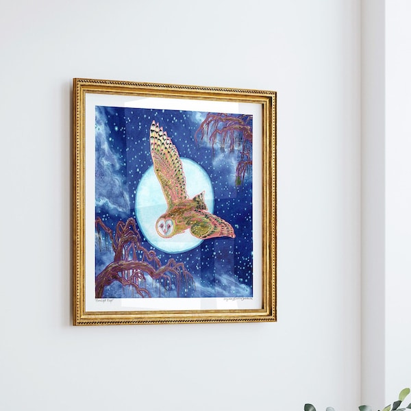 Night Owl Art Print - Full Moon Extra Large Wall Art / Tyto Alba Whimsical Spirit Animal Decor