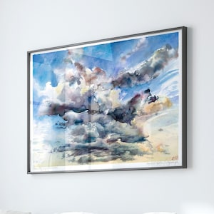 Atmospheric Art Print - Dreamy Cloudscape, Serene Cloud Watercolor Painting Abstract