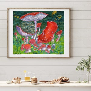 Mushroom Art Print Amanita Muscaria Toadstools / Dark Cottagecore Wall Art/ Goblincore Frog Painting in Watercolor image 1