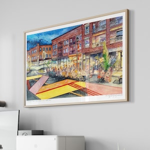 Impression d'art de Montréal - très grande oeuvre d'art murale de la rue Wellington, Verdun, Québec / Paysage urbain de nuit / Peinture de ville d'impression de voyage à l'aquarelle