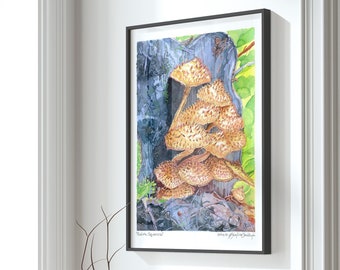 Mushroom Art Print - Extra Large Wall Art of Shaggy Scalycap on Forest Log / Pholiota Squarrosa / Whimsical Nature Decor