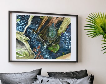 May include: A watercolor painting of a turtle swimming in a stream. The turtle is surrounded by green plants and brown branches. The water is a deep blue color.