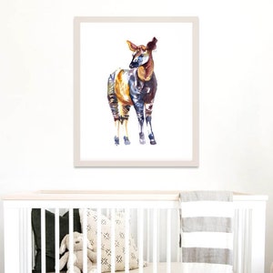 Impression d&#39;art okapi - très grande oeuvre d&#39;art murale d&#39;okapi / art animalier animalier de safari africain / croquis aquarelle minimaliste / décoration de chambre d&#39;enfant girafe