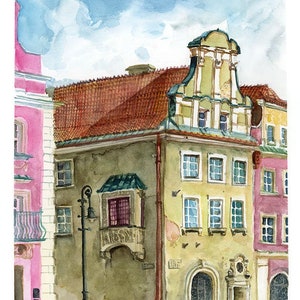 May include: Watercolor painting of a building in Poznan Town Square. The building has a yellow facade with a green balcony and a red roof. The building is surrounded by other buildings, including a pink building on the left.