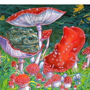 Mushroom Art Print Amanita Muscaria Toadstools / Dark Cottagecore Wall Art/ Goblincore Frog Painting in Watercolor image 2