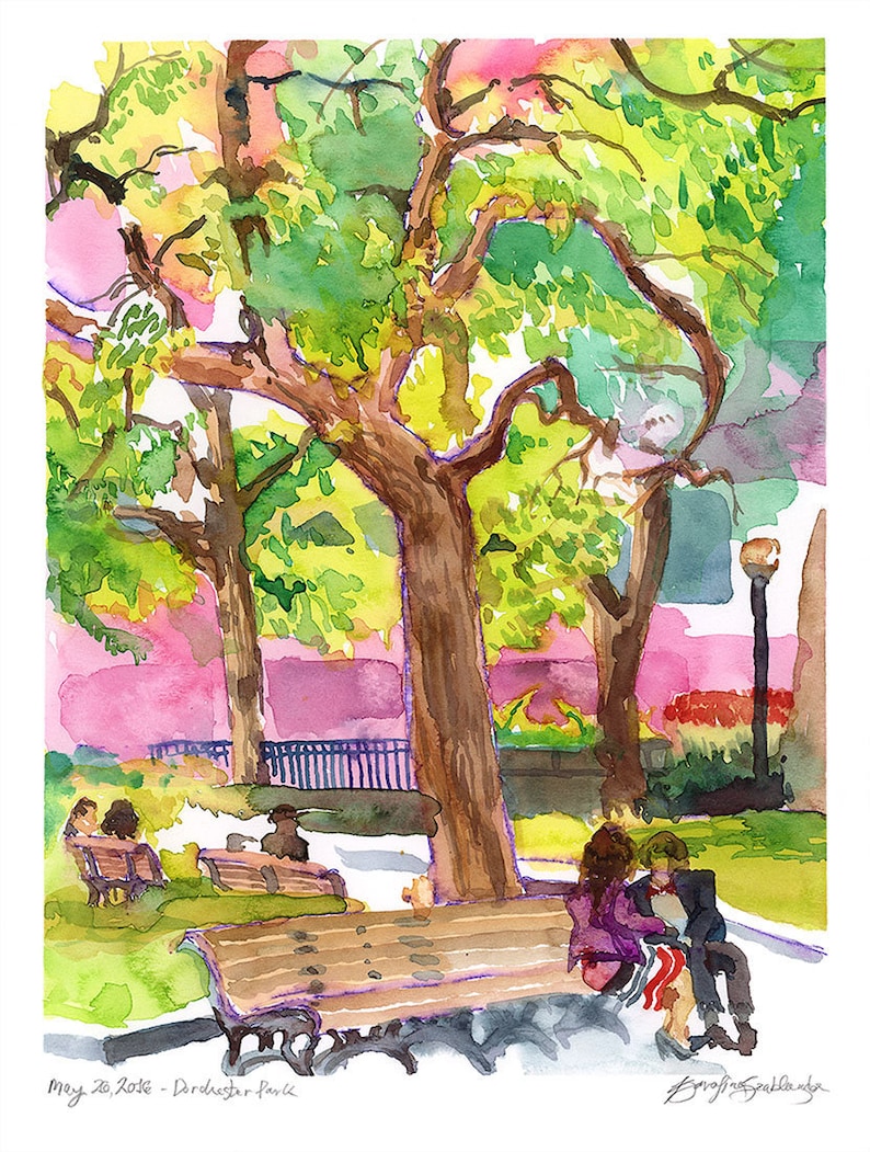 Extra Large Wall Art Print of Dorchester Park Travel Print City Painting in Watercolor Montreal Art Print