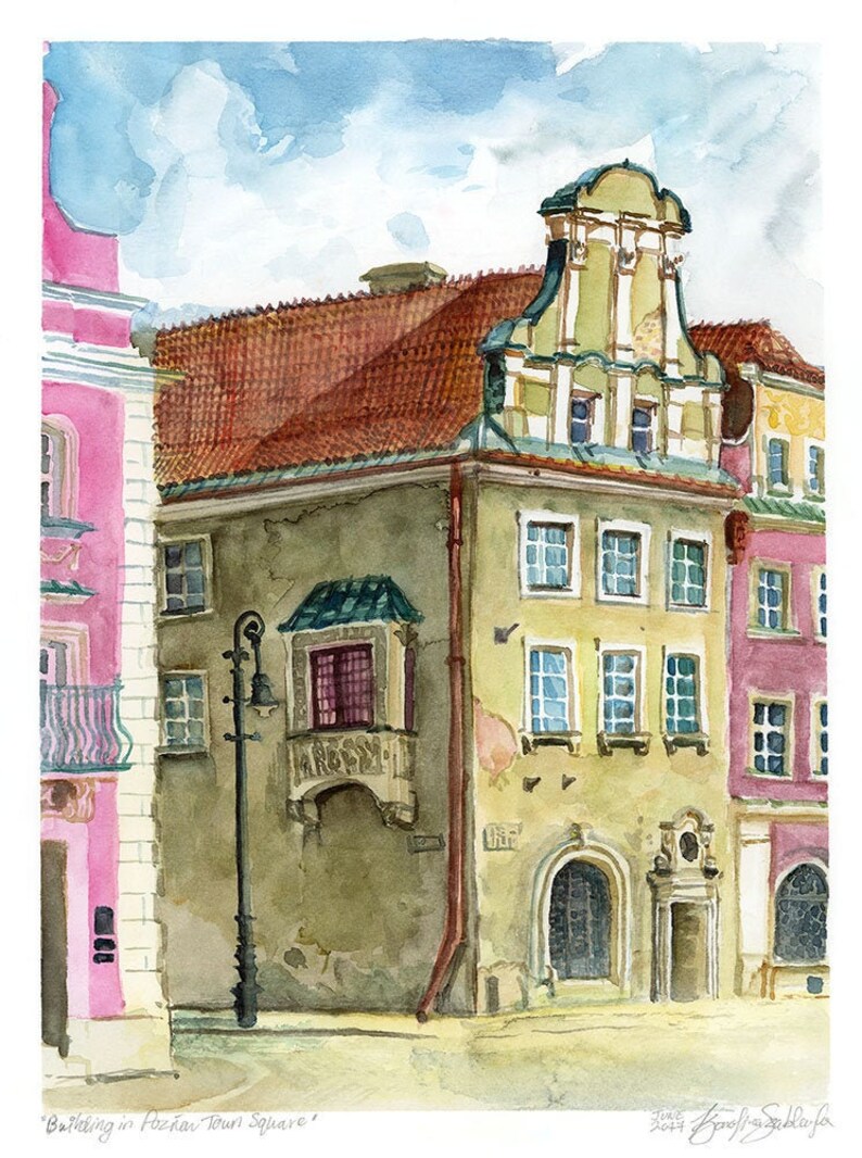 May include: Watercolor painting of a building in Poznan Town Square. The building has a yellow facade with a green balcony and a red roof. The building is surrounded by other buildings, including a pink building on the left.