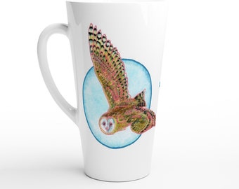 Flying Owl White Latte Mug - Minimalist Farmhouse White Camper Mug with Bird and Moon, Fall Cottagecore Porcelain Coffee Cup