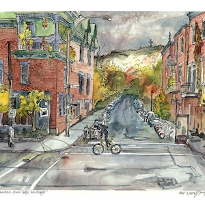 Impression d'art Montréal - très grande impression d'art murale du café Santropol et du Mont Royal, impression de voyage peinture de la ville à l'aquarelle