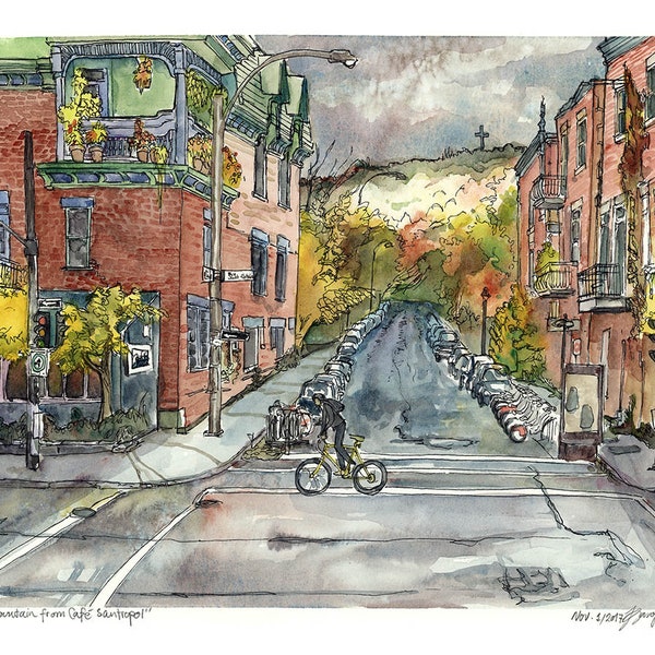 Impression d'art Montréal - très grande impression d'art murale du café Santropol et du Mont Royal, impression de voyage peinture de la ville à l'aquarelle