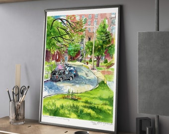 Verdun Art Print - City Street Extra Large Wall Art of Boulevard Lasalle in Summer / Montreal Watercolor /  Neighbourhood Plein Air