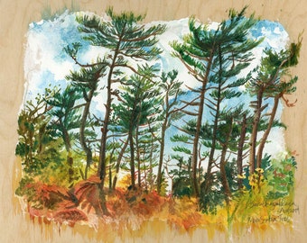 Nova Scotia Forest Watercolor Painting Original, Colorful Autumn Landscape Painting Original Art on Wood