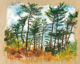 Nova Scotia Forest Watercolor Painting Original, Colorful Autumn Landscape Painting Original Art on Wood
