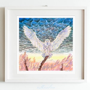 Snowy Owl Art Print - Large Winter Wall Art with Mammatus Clouds / Watercolor Bird Painting / Canadian Wildlife Original Art