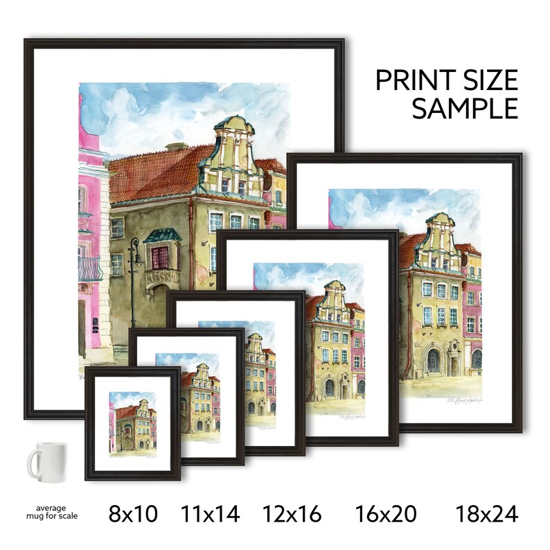 May include: A watercolor painting of a colorful building with a red roof and a blue sky. The building is surrounded by other buildings and a street. The painting is framed in a black frame. The image shows different sizes of the print, from 8x10 inches to 18x24 inches.