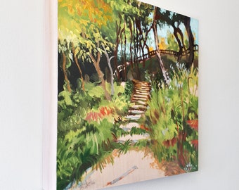 Path in Woods Landscape - Canadian Oil Painting Original with Trees /  Plein Air Painting on Canvas - Forest Travel Art from Quebec