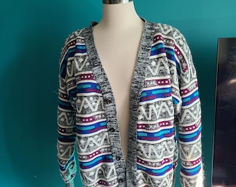 Size large extra large / Vintage 1980s acrylic cardigan, colorful, geometric,  90s, oversized, boyfriend, slouchy, grandpa, plus size, volup