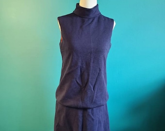 60s knit dress, vintage dress, scooter dress, vintage mini dress, 60s mini dress, mod mini dress, mock neck mini dress, navy blue, knit