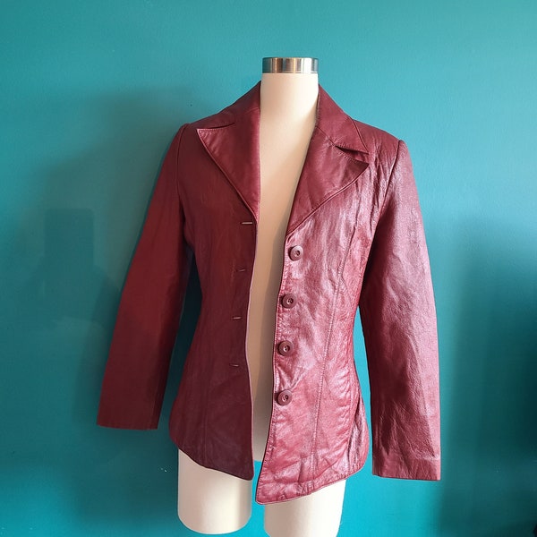 Vintage women's red leather jacket, trench, burgundy, 90s, y2k, 2000s, size small