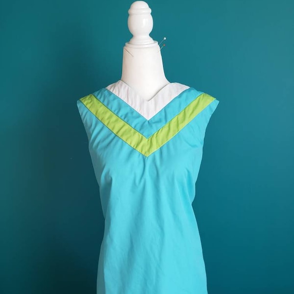 1960s mod shift dress, sheath dress, turquoise and green, cotton dress, colorblocked dress, sleeveless dress, size medium, larger, scooter