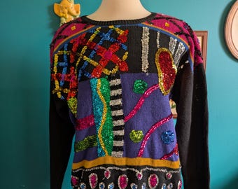 Vintage Christina Sequined Cotton Ramie Sweater 80s 90s Embellished