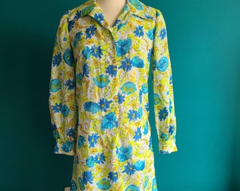 Size large, vintage shirt dress, floral, 1960s, 1970s, neon, volup, women's, retro, mod