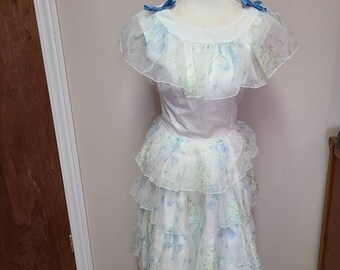 Vintage Floral Chiffon Ruffled Dress, Tiered 1960s Style
