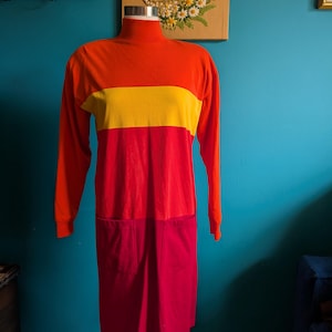 Women&#39;s Vintage 80s 90s colorblock turtleneck dress with pockets size medium