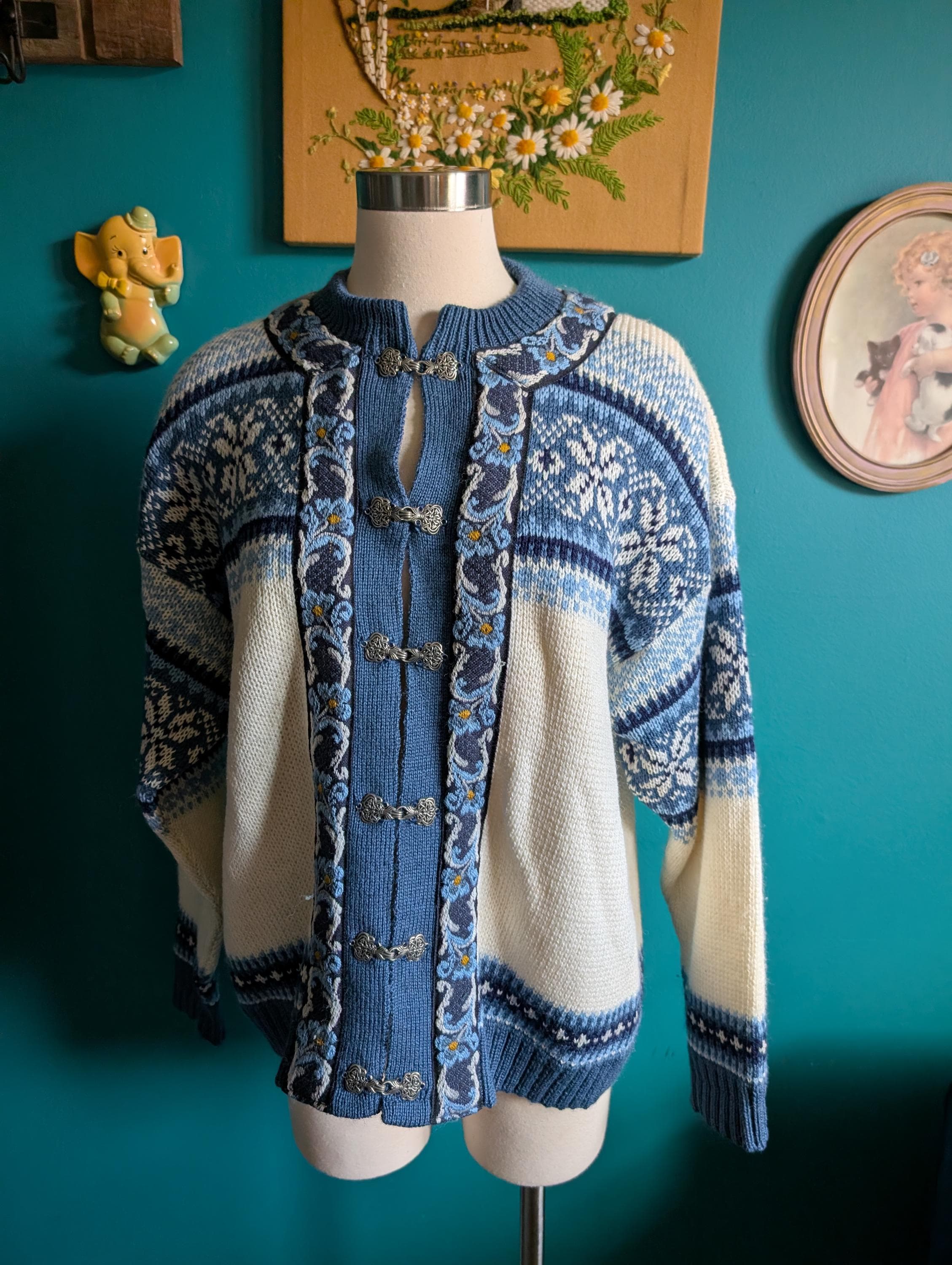 Vintage Norwegian Wool Cardigan | Blue & White Nordic Sweater With