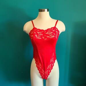 Size small/  vintage High leg body suit, red, high cut, 90s, vintage teddy, vintage lingerie, 1980s, lace, romper