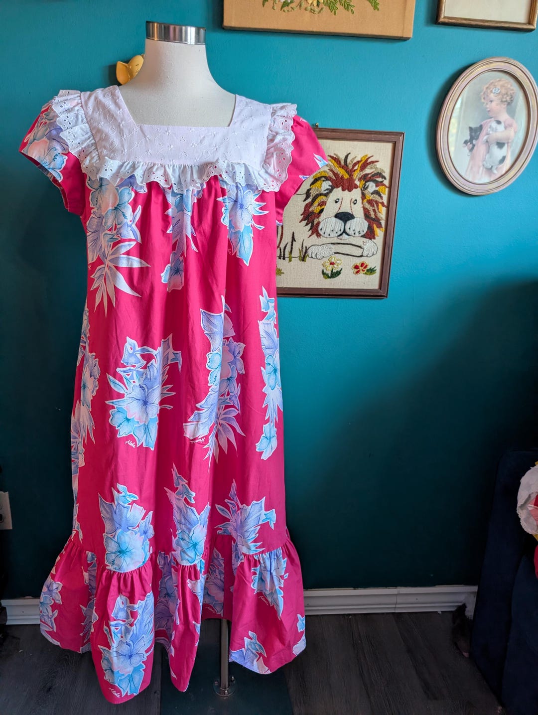 Vintage Kole Kole Hawaiian Muumuu Dress Pink Eyelet Lace Dress With ...