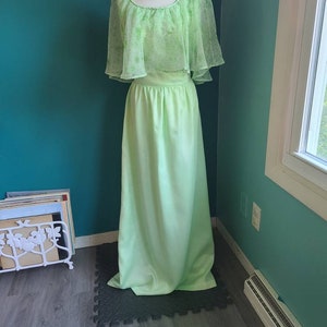 Vintage 70s green cape dress, vintage 70s maxi dress, 1970s retro formal maxi dress, pastel green maxi dress, boho maxi dress, cottagecore image 1