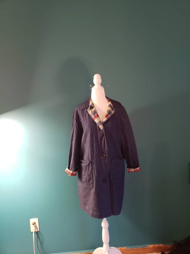 1960s Vintage Reversible Denim Chore Coat: Plaid Jacket image 1