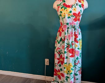 Women's Size Small Vintage Maxi Dress 1960s Floral Ruffle Hawaiian Spring Summer Dress