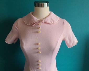 Womens vintage dress, 60s, 70s, mini dress, peter pan collar, pastel, pink, size small, mod, hippie, boho,