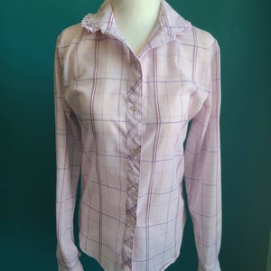 Vintage 1970s pastel plaid shirt, Peter pan collar shirt, size medium, ruffle, romantic, girly, kawaii, plaid shirt, womens western shirt