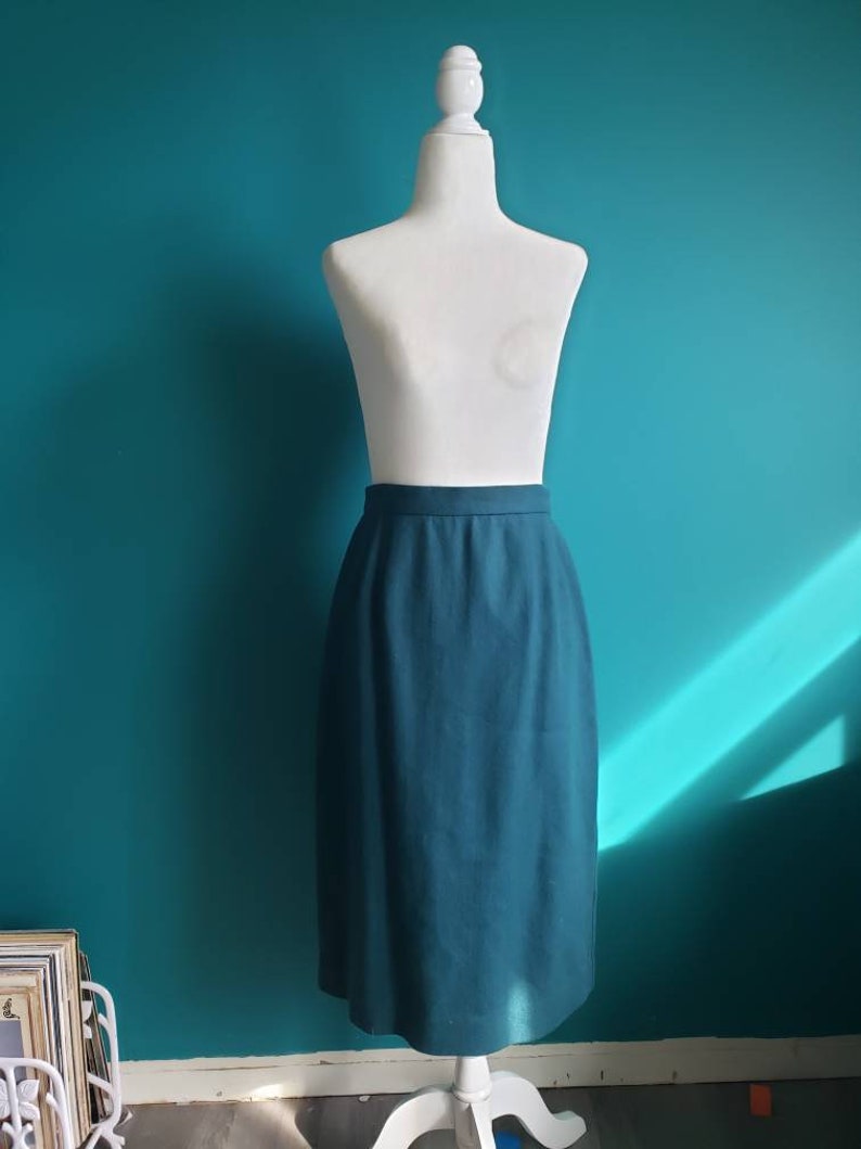 Vintage wool a-line skirt, size medium, wool midi skirt, aline skirt, 90s, 80s, teal skirt, blue skirt, vintage wool skirt, 100% wool image 1