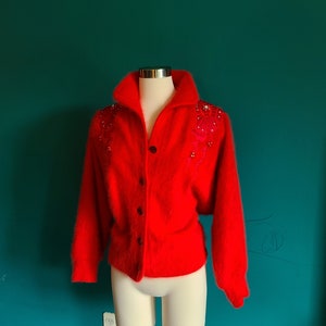 Size medium/ Vintage 1980s angora sweater, red, Christmas,beaded sweater, mohair sweater, dolman sleeve sweater, slouchy, fuzzy, cozy, volup