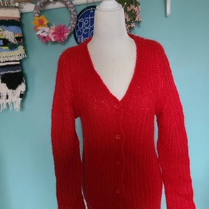 Vintage red mohair wool open knit ribbed button down fuzzy grandpa hygge cardigan sweater size medium size small