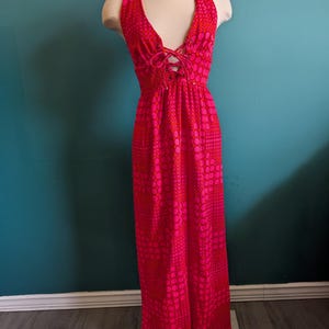 Women&#39;s Vintage 1960s Neon Barkcloth Maxi Dress Lace Up Corset Size Small xs