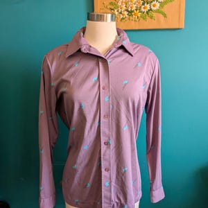 Women&#39;s Vintage 1970s 1980s abstract print button down shirt purple medium large