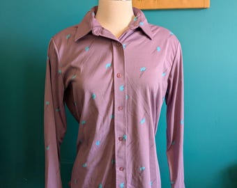 Women's Vintage 1970s 1980s abstract print button down shirt purple medium large