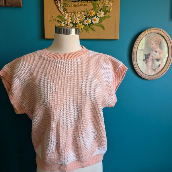 women's 80s pastels sparkle knit sweater vest and peach and white size large
