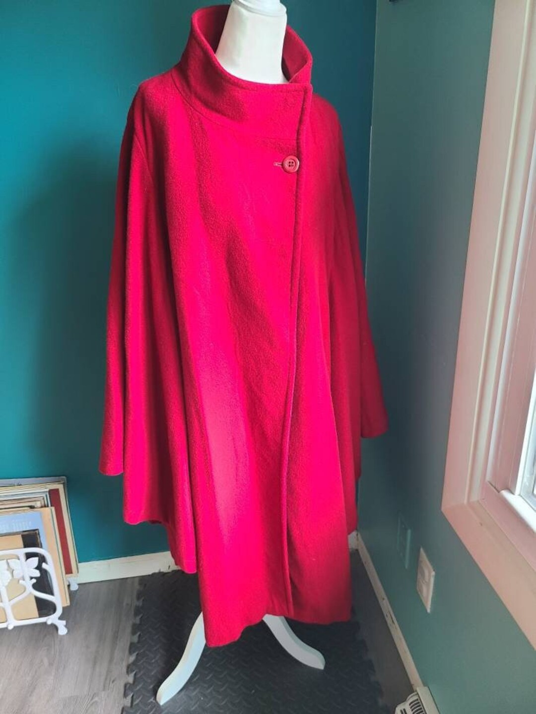 Vintage Red Wool Cape, High Collar, Cape With Pockets, One Size, Knee