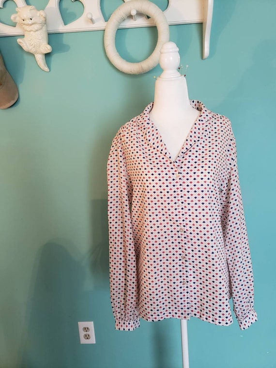Vintage blouse, vintage top, bishop sleeve blouse, button down shirt women, vintage sears top, top size large women, vintage plus